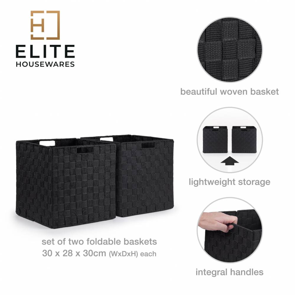 EHC Set of 2 Large Foldable Handwoven Storage Hamper Basket - Black