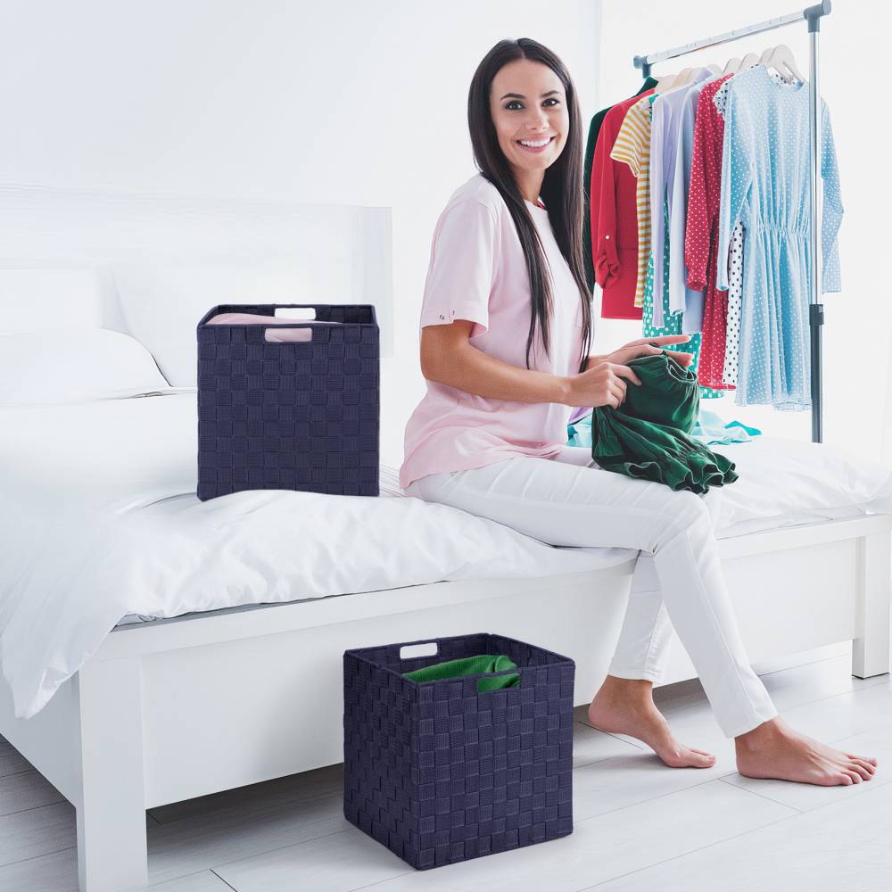 EHC Set of 2 Large Foldable Handwoven Storage Hamper Basket - Blue