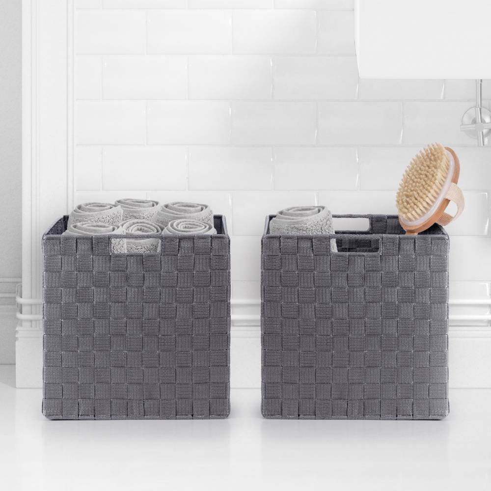 EHC Set of 2 Large Foldable Handwoven Storage Hamper Basket - Grey