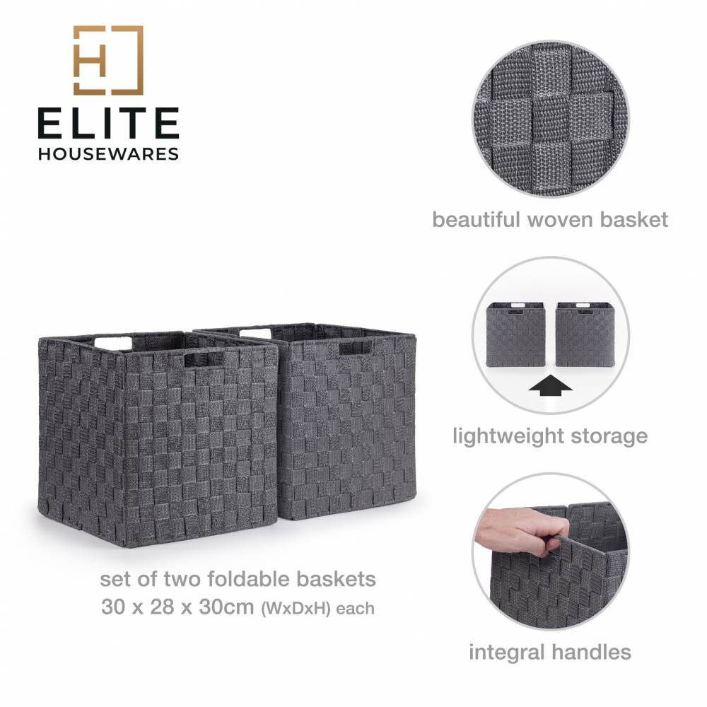EHC Set of 2 Large Foldable Handwoven Storage Hamper Basket - Grey