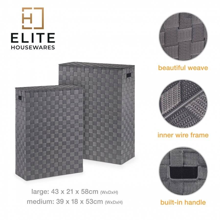 EHC Set of 2 Polypropylene Laundry Basket With Lid, Grey