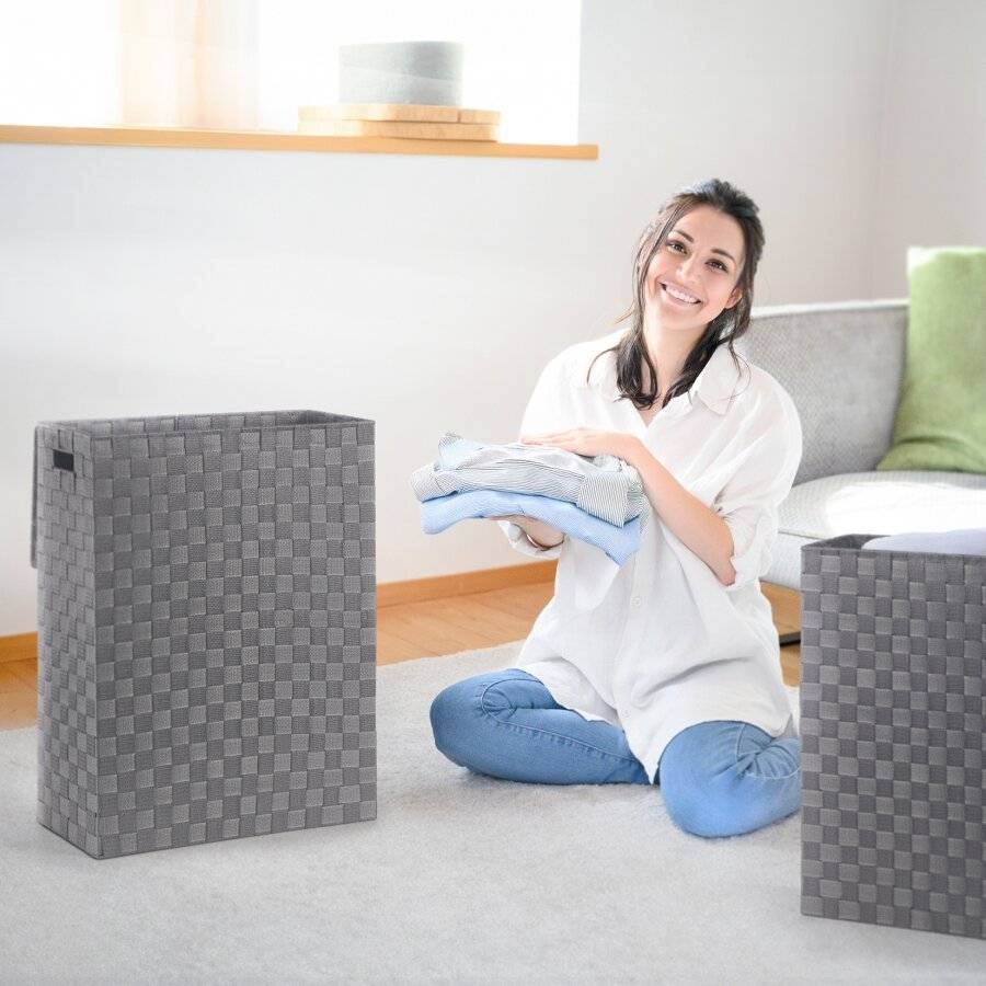 EHC Set of 2 Polypropylene Laundry Basket With Lid, Grey