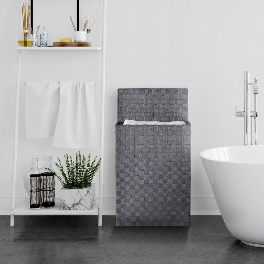 EHC Set of 2 Polypropylene Laundry Basket With Lid, Grey