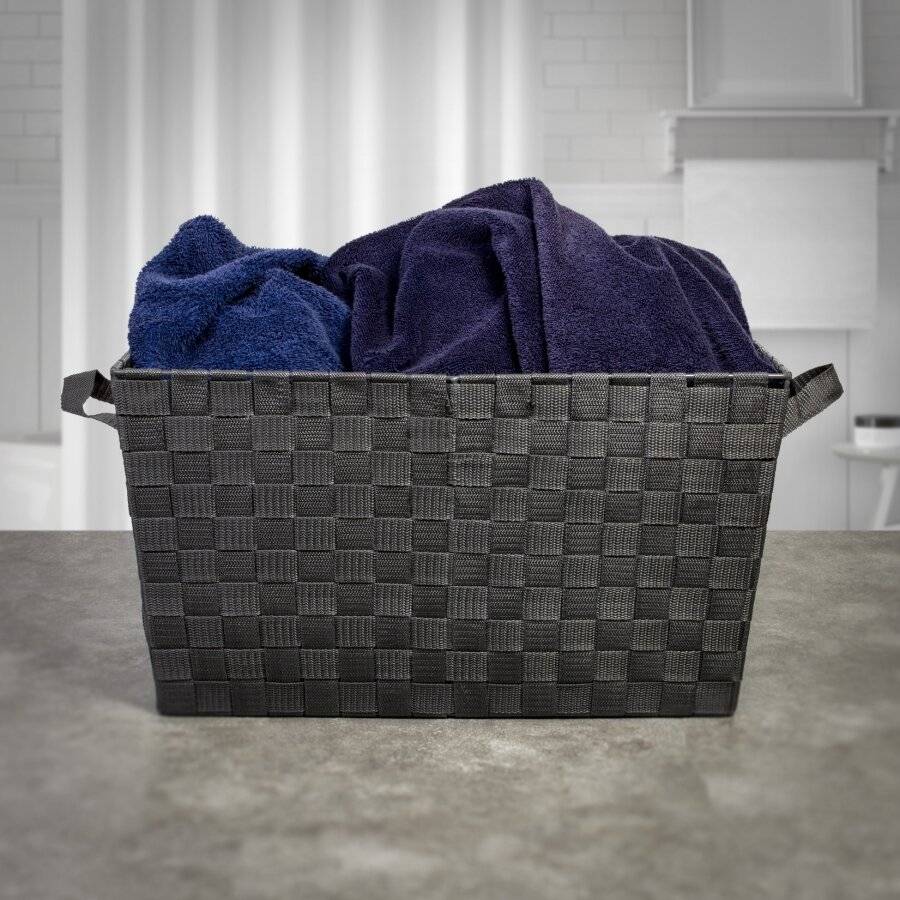 Set of 2 Polypropylene Woven Strap Storage Shelf Basket, Grey
