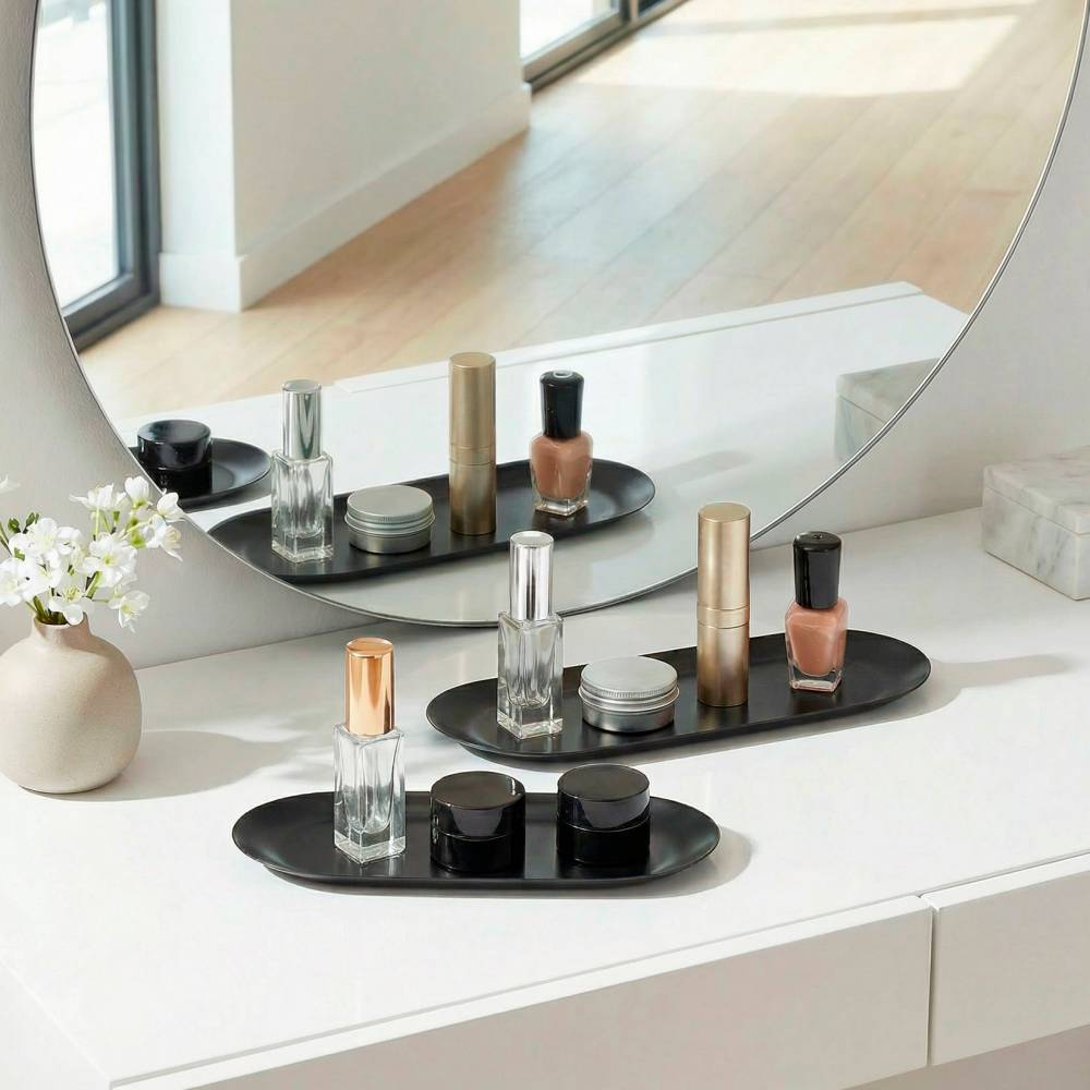 EHC Set of 2 Stainless Steel Decorative Vanity Trays, Oval, Black