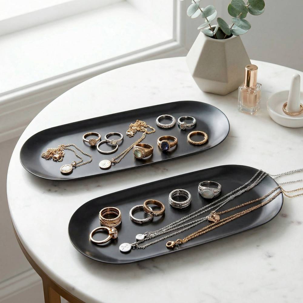 EHC Set of 2 Stainless Steel Decorative Vanity Trays, Oval, Black