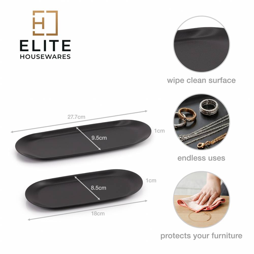 EHC Set of 2 Stainless Steel Decorative Vanity Trays, Oval, Black