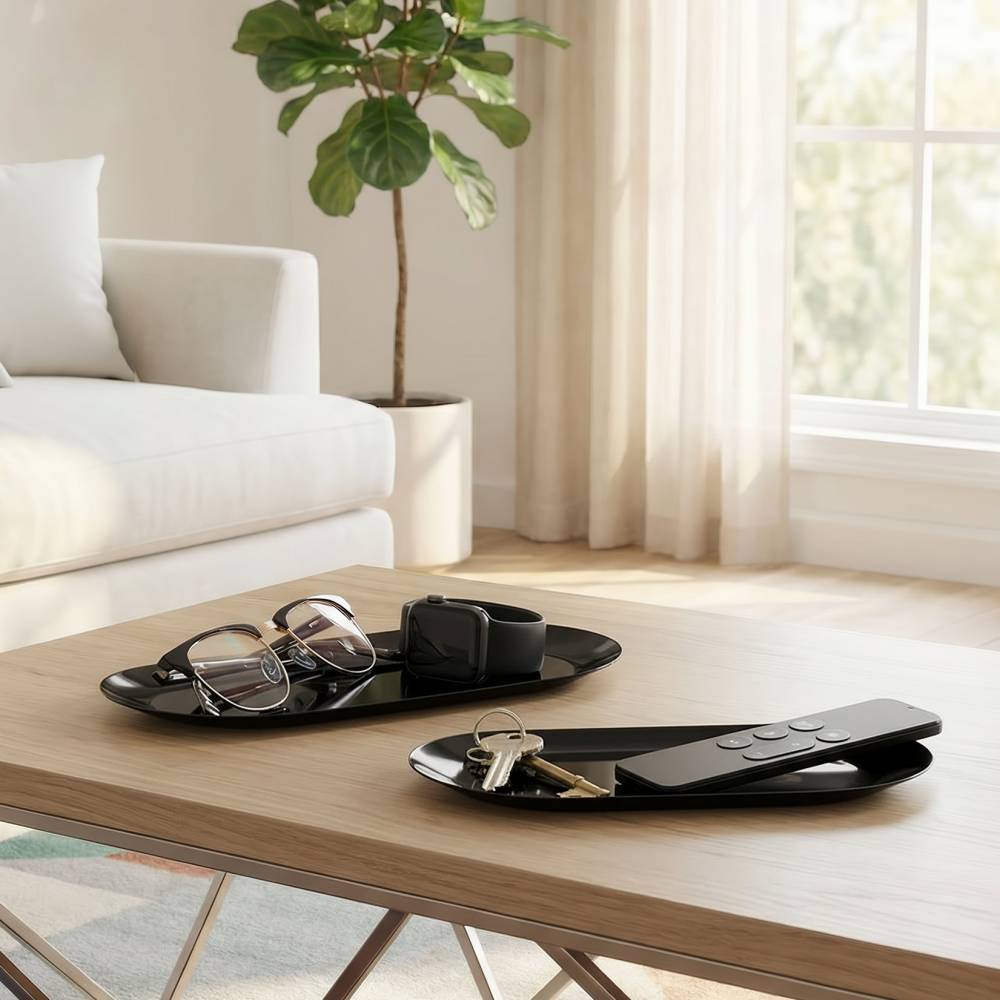 EHC Set of 2 Stainless Steel Decorative Vanity Trays, Oval, Black