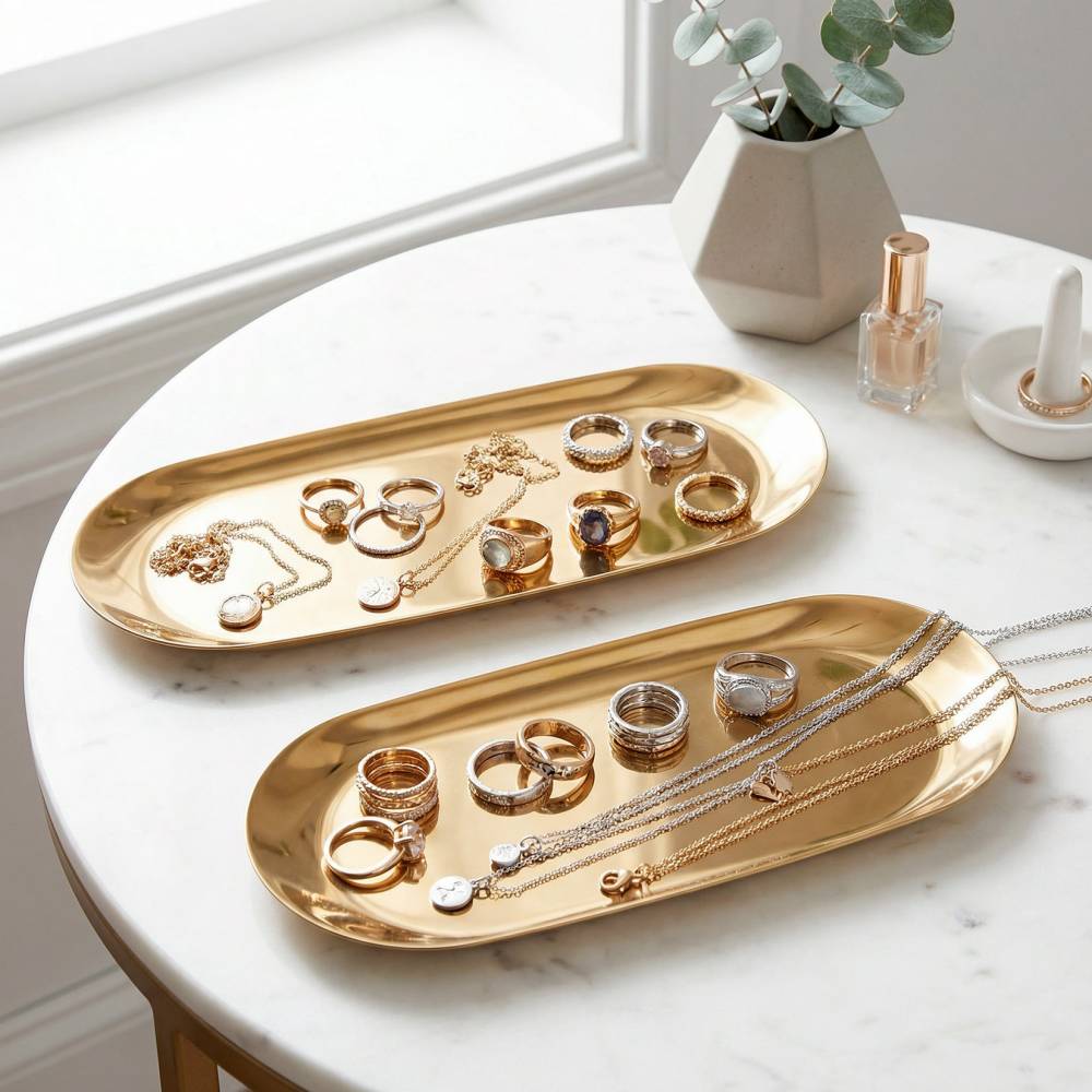 EHC Set of 2 Stainless Steel Decorative Vanity Trays, Oval, Gold