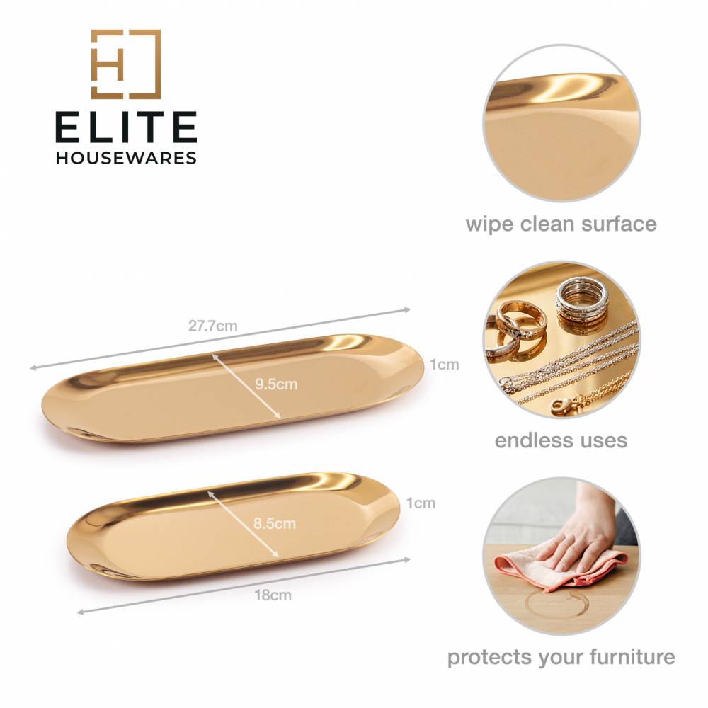 EHC Set of 2 Stainless Steel Decorative Vanity Trays, Oval, Gold