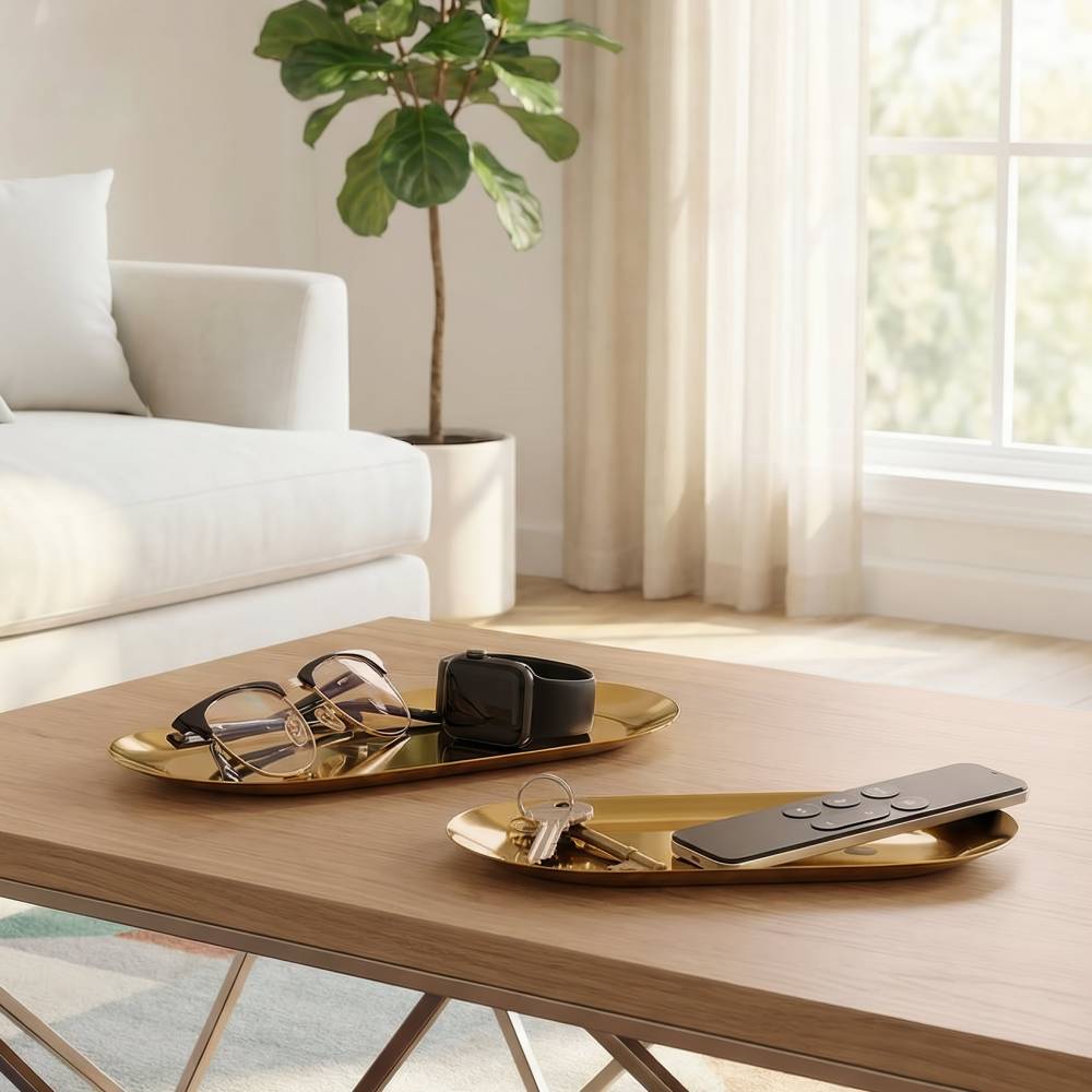 EHC Set of 2 Stainless Steel Decorative Vanity Trays, Oval, Gold