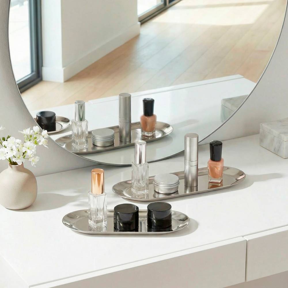 EHC Set of 2 Stainless Steel Decorative Vanity Trays, Oval, Silver