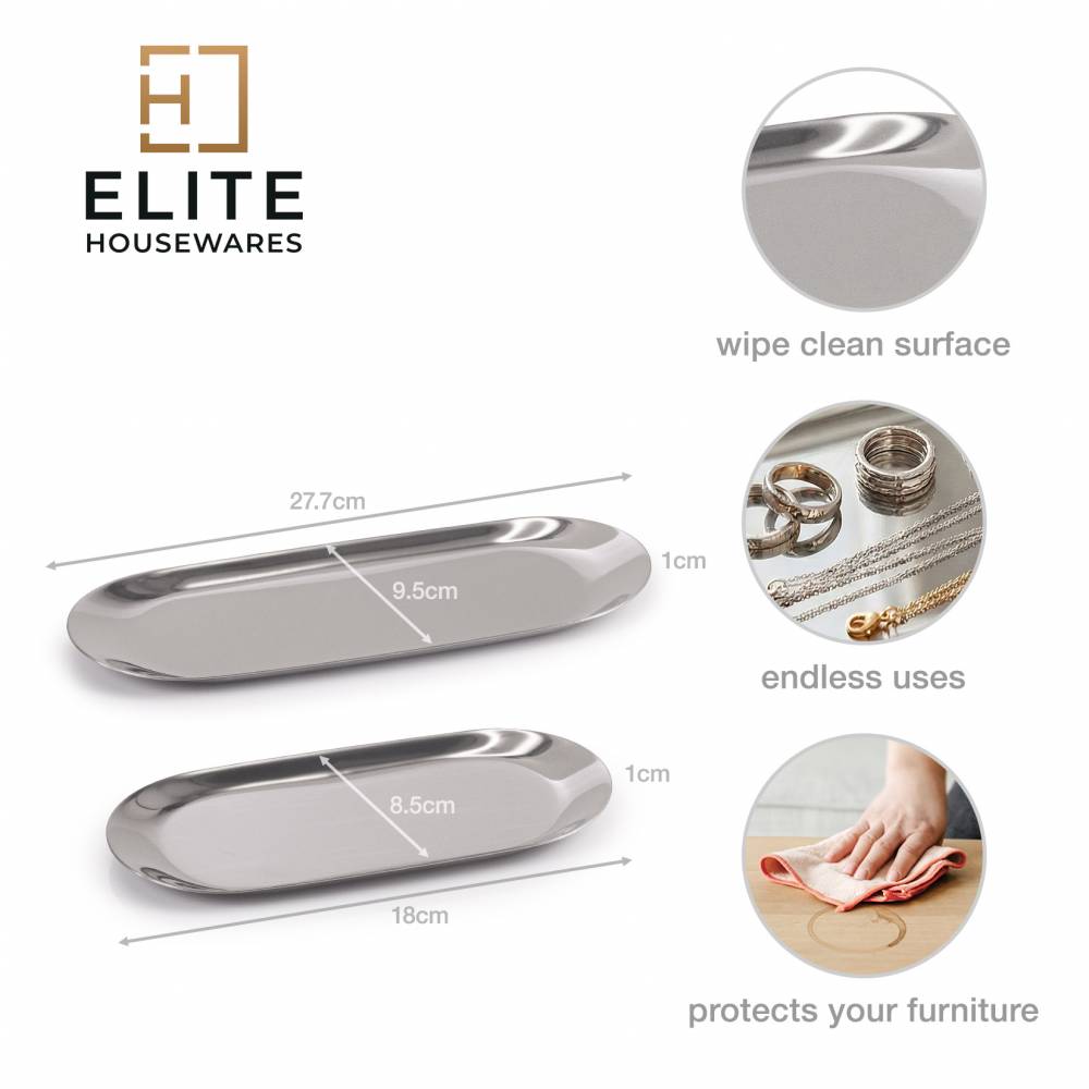 EHC Set of 2 Stainless Steel Decorative Vanity Trays, Oval, Silver