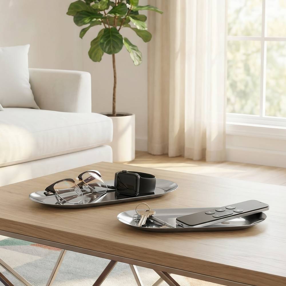 EHC Set of 2 Stainless Steel Decorative Vanity Trays, Oval, Silver