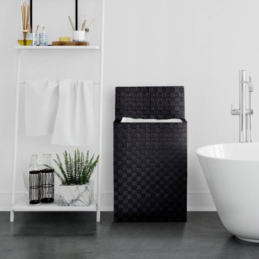 EHC Set of 2 Woven Polypropylene Laundry Basket With Lid, Black