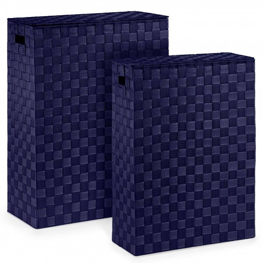 EHC Set of 2 Woven Polypropylene Laundry Basket With Lid, Blue