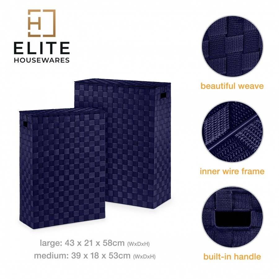 EHC Set of 2 Woven Polypropylene Laundry Basket With Lid, Blue