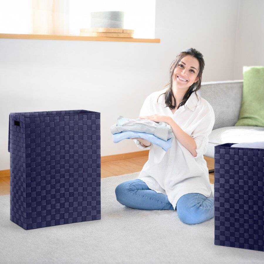 EHC Set of 2 Woven Polypropylene Laundry Basket With Lid, Blue