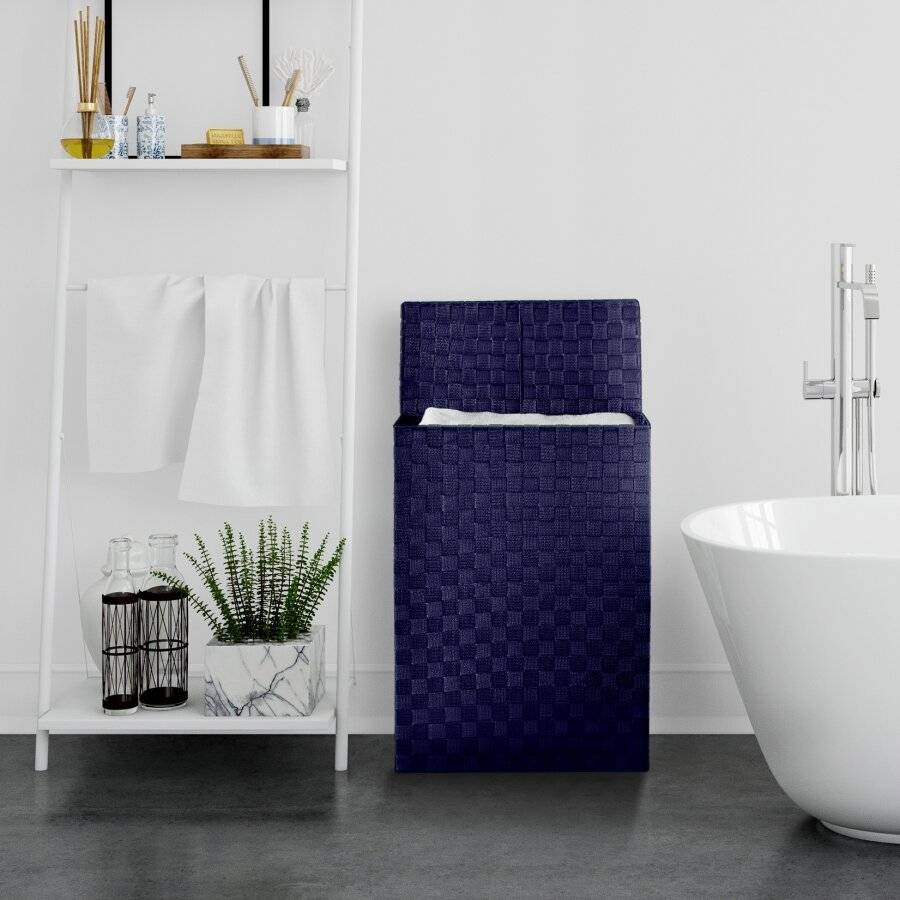 EHC Set of 2 Woven Polypropylene Laundry Basket With Lid, Blue