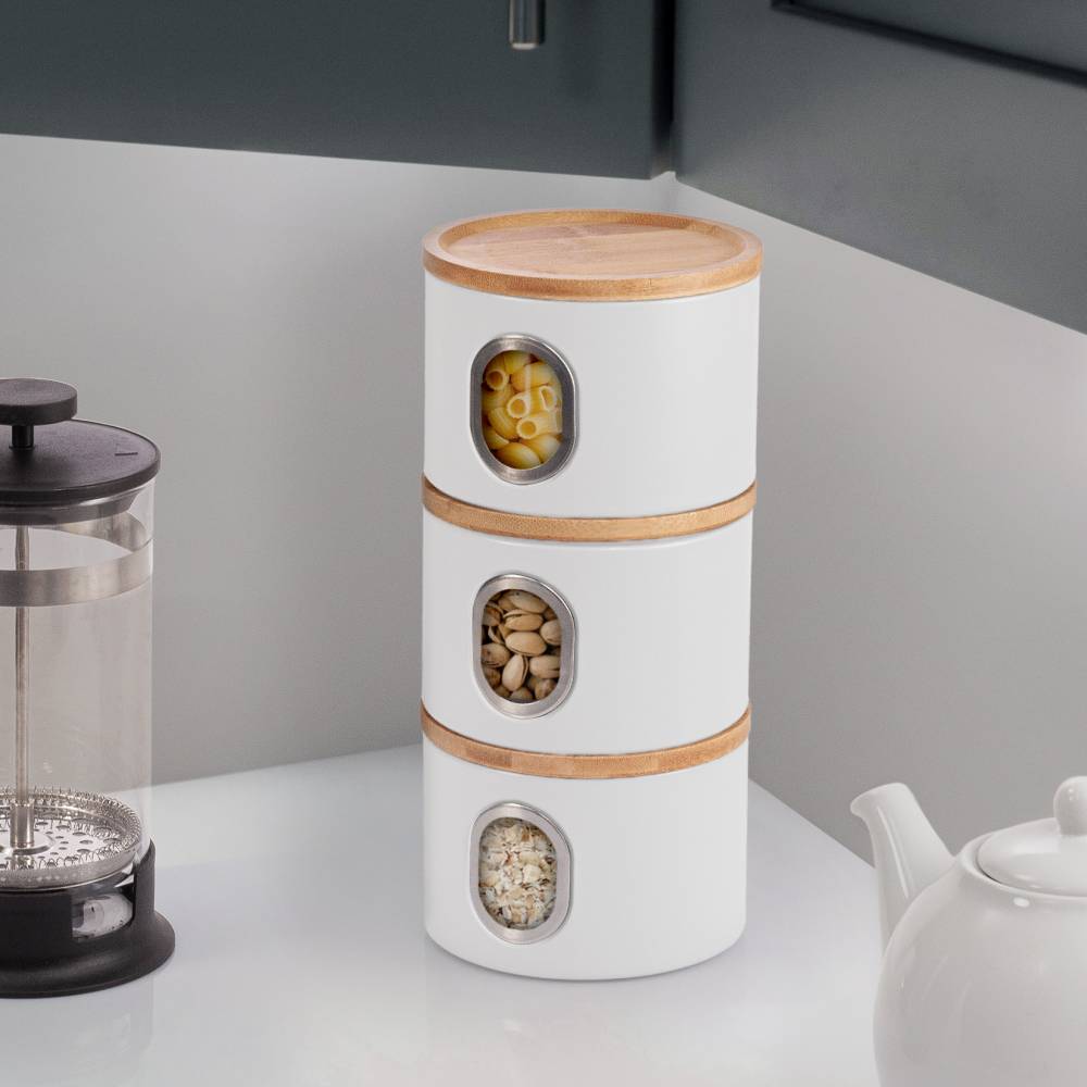 EHC Set of 3 Airtight Round Stackable Kitchen Storage Canisters, White