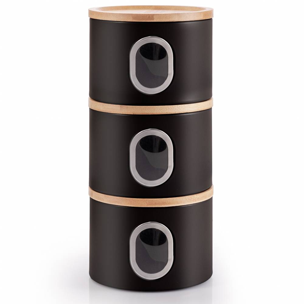 EHC Set of 3 Airtight Round Stackable Kitchen Storage Jars, Matt Black
