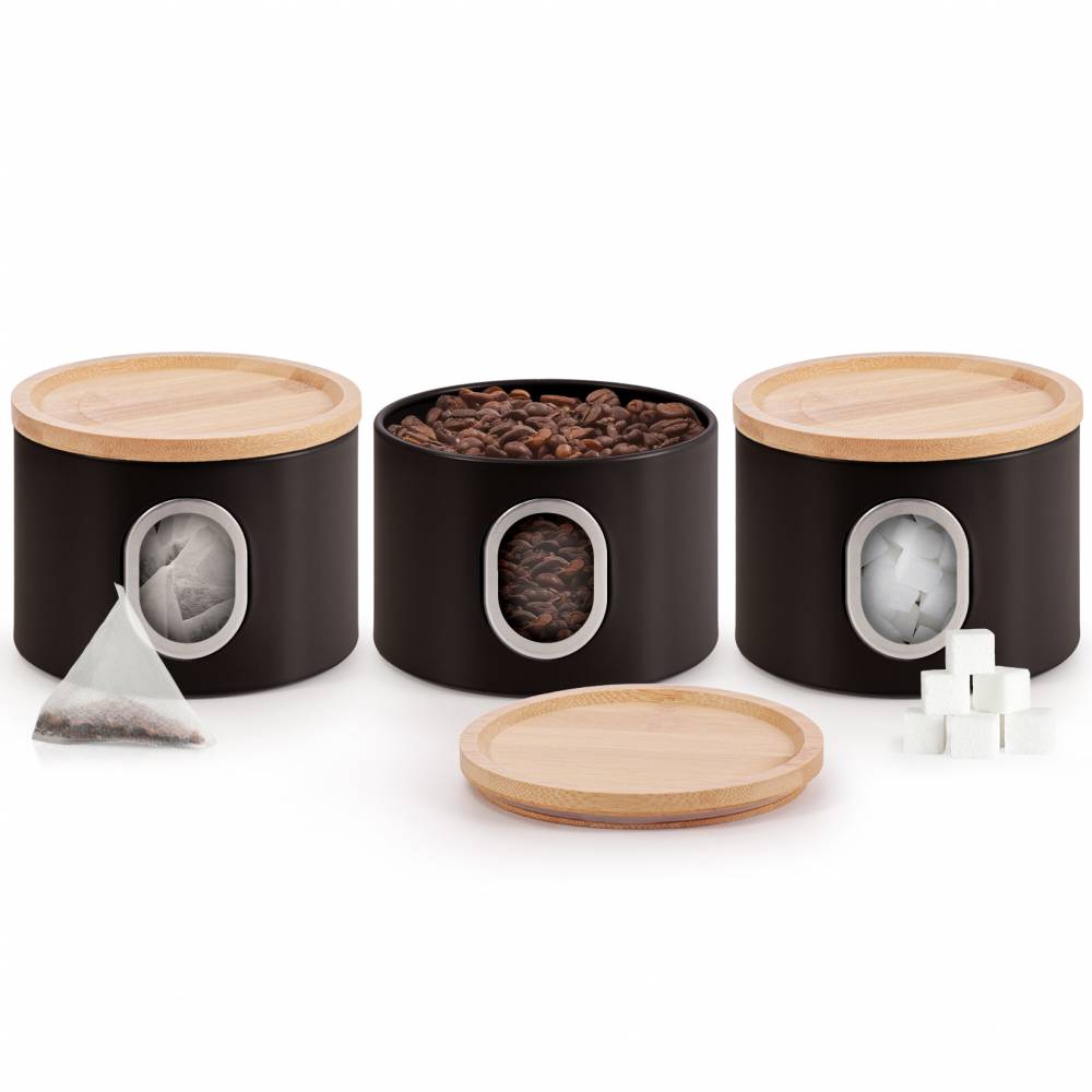 EHC Set of 3 Airtight Round Stackable Kitchen Storage Jars, Matt Black
