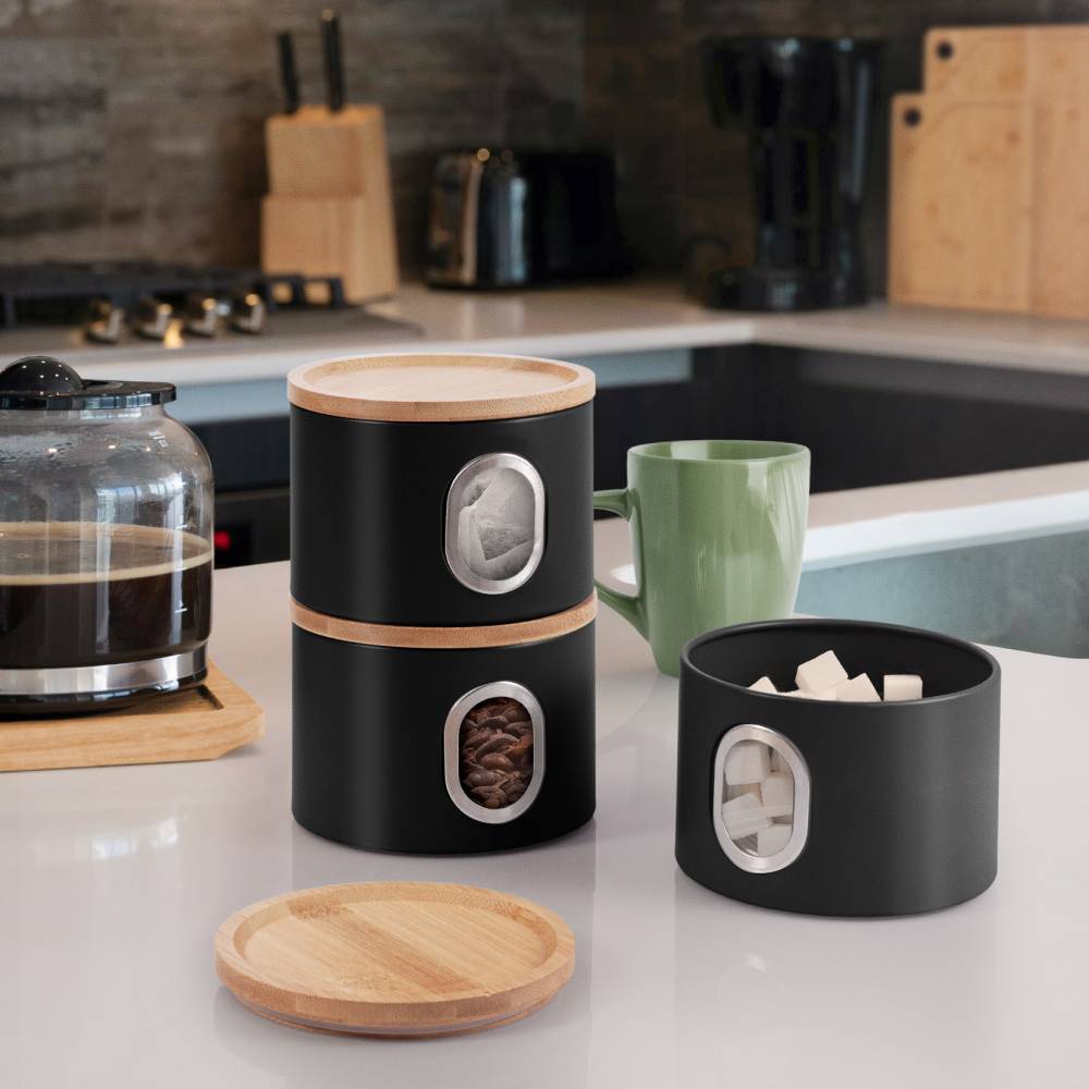 EHC Set of 3 Airtight Round Stackable Kitchen Storage Jars, Matt Black