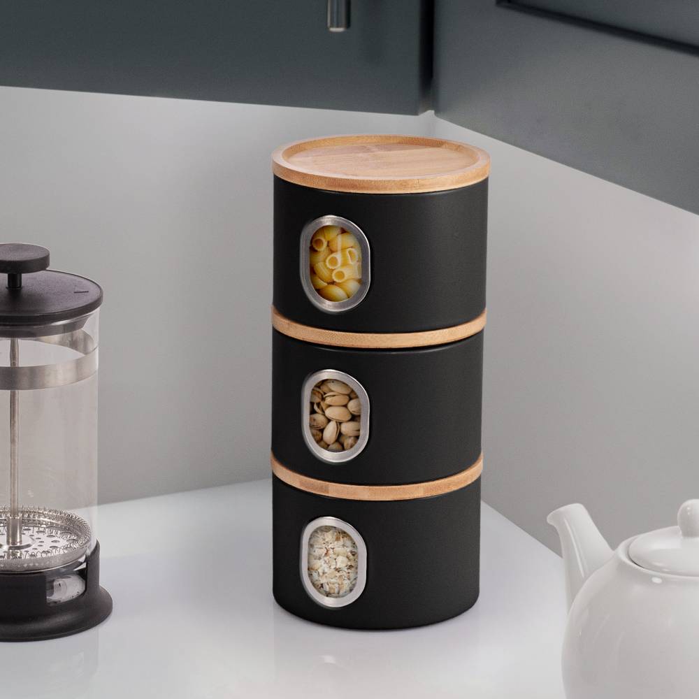 EHC Set of 3 Airtight Round Stackable Kitchen Storage Jars, Matt Black