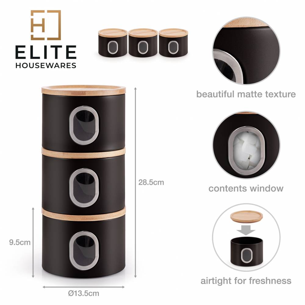EHC Set of 3 Airtight Round Stackable Kitchen Storage Jars, Matt Black