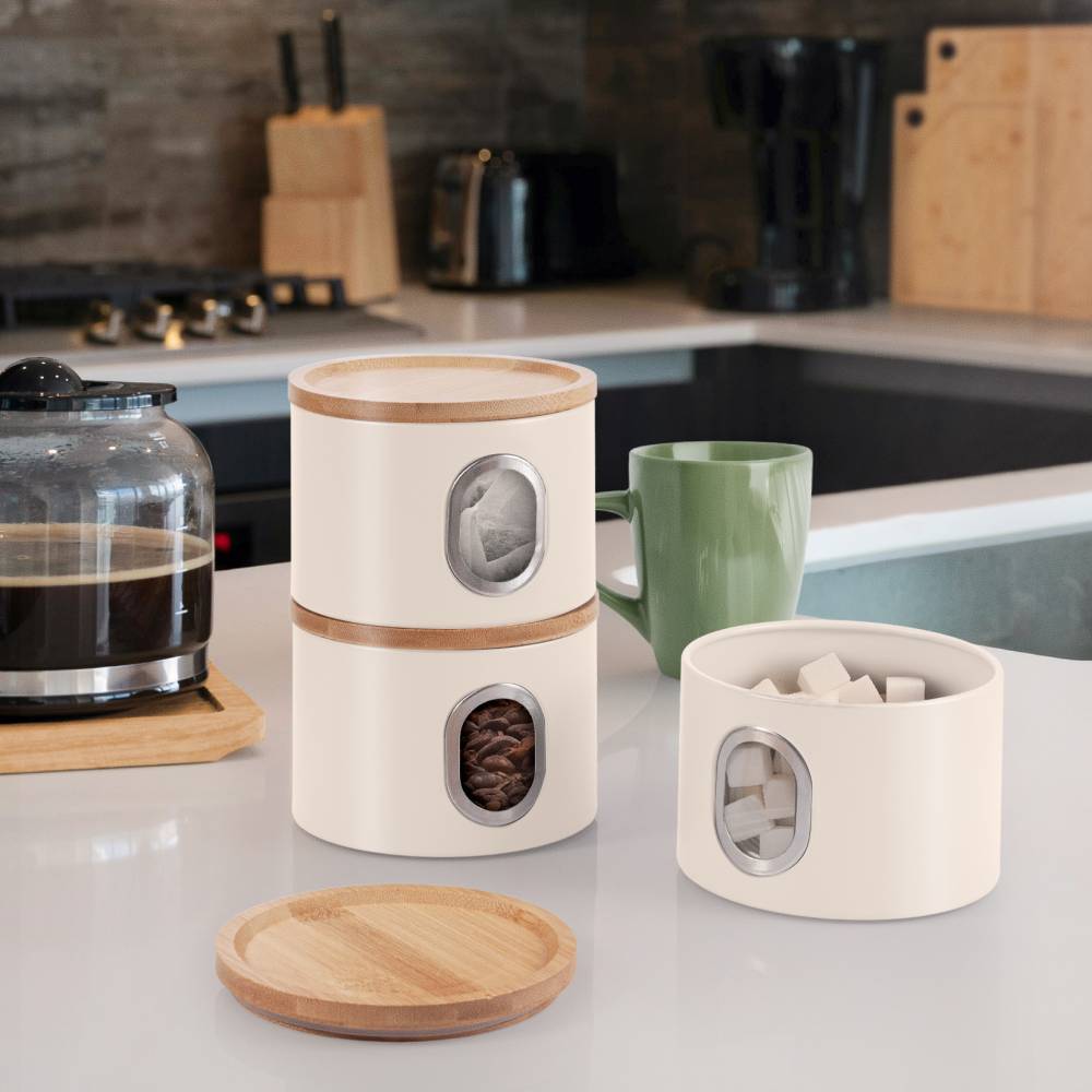 EHC Set of 3 Airtight Round Stackable Kitchen Storage Jars, Matt Cream
