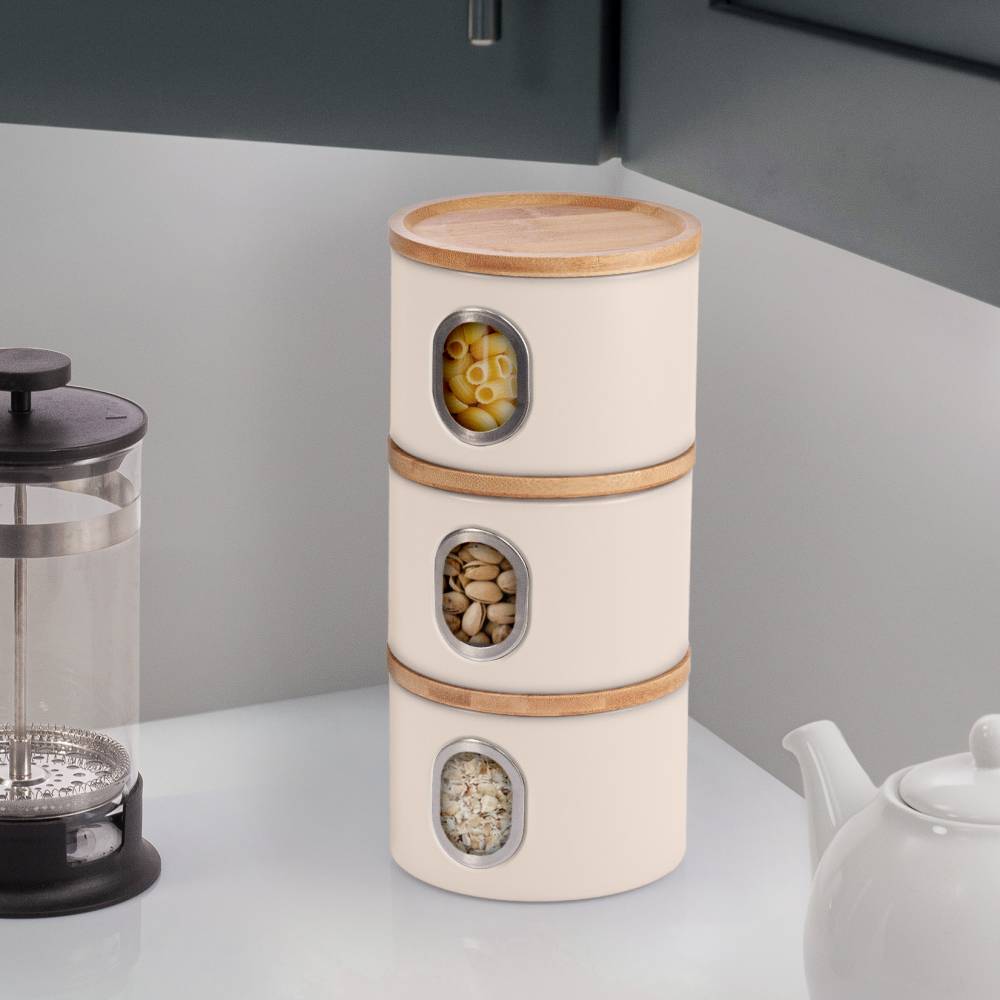 EHC Set of 3 Airtight Round Stackable Kitchen Storage Jars, Matt Cream