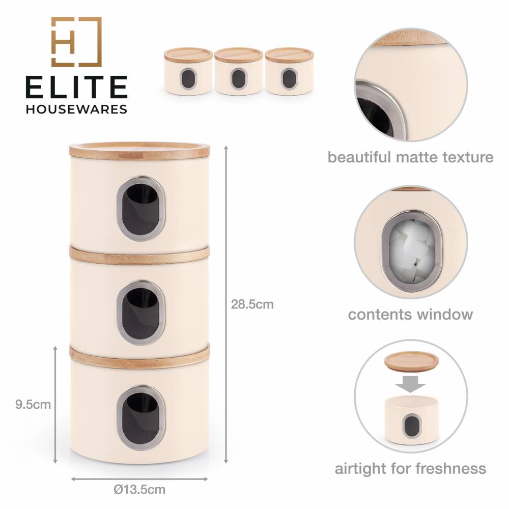 EHC Set of 3 Airtight Round Stackable Kitchen Storage Jars, Matt Cream