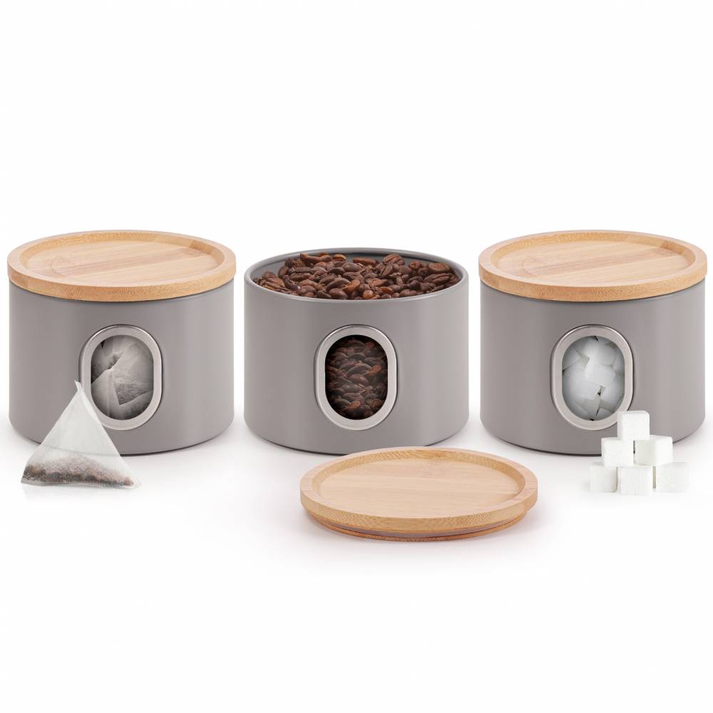EHC Set of 3 Airtight Round Stackable Kitchen Storage Jars, Matt Grey