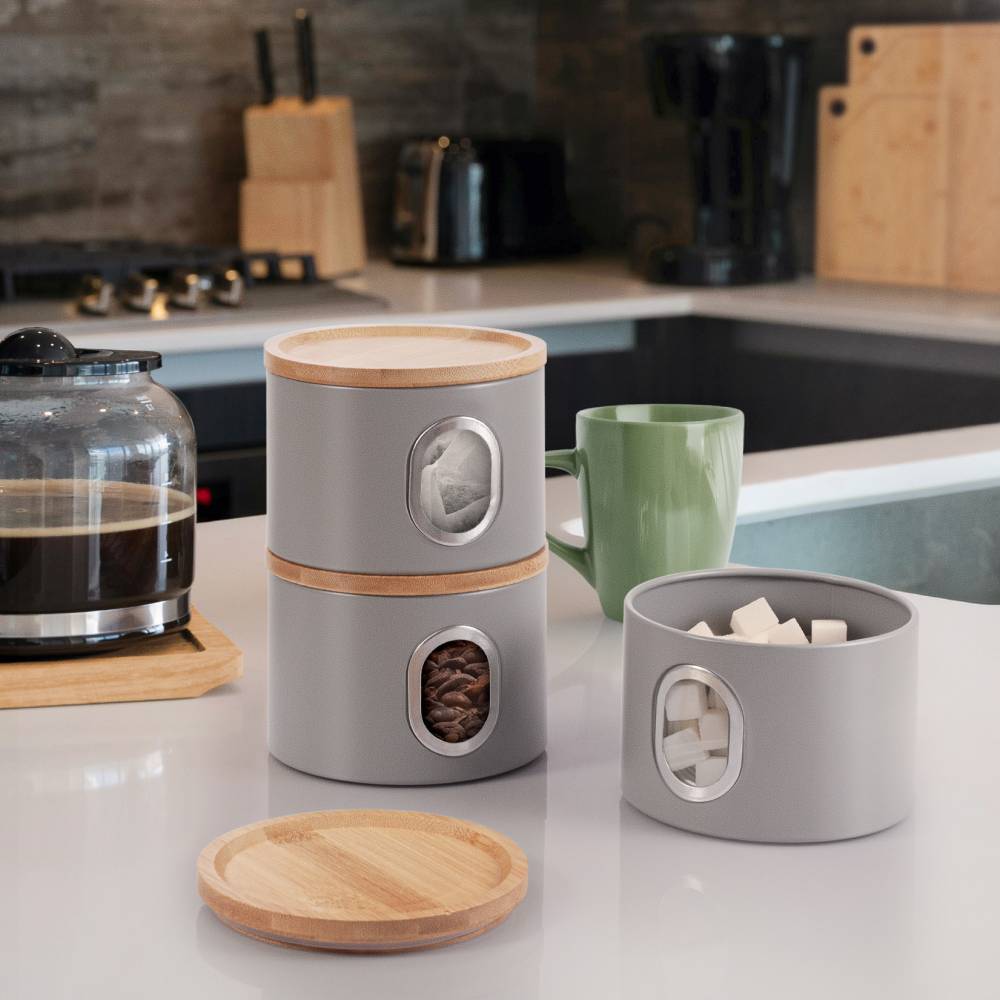 EHC Set of 3 Airtight Round Stackable Kitchen Storage Jars, Matt Grey