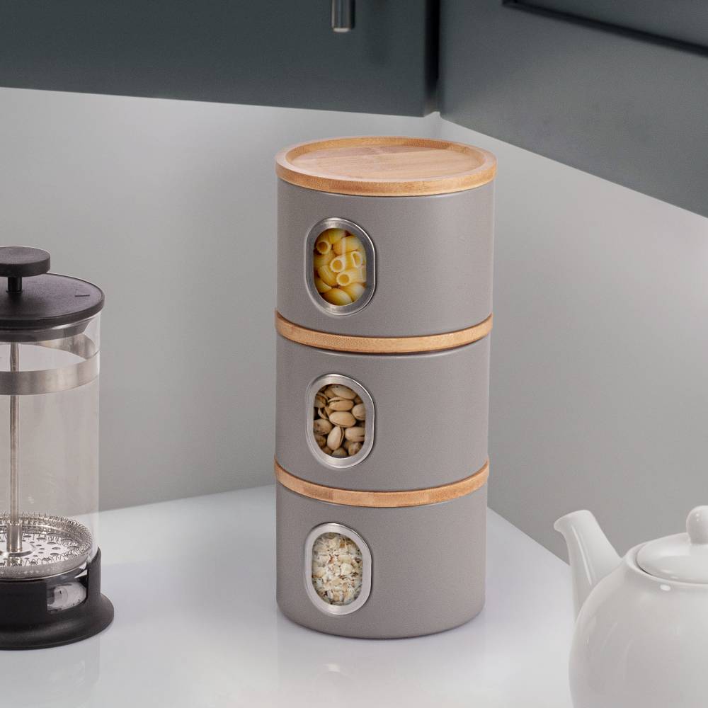 EHC Set of 3 Airtight Round Stackable Kitchen Storage Jars, Matt Grey