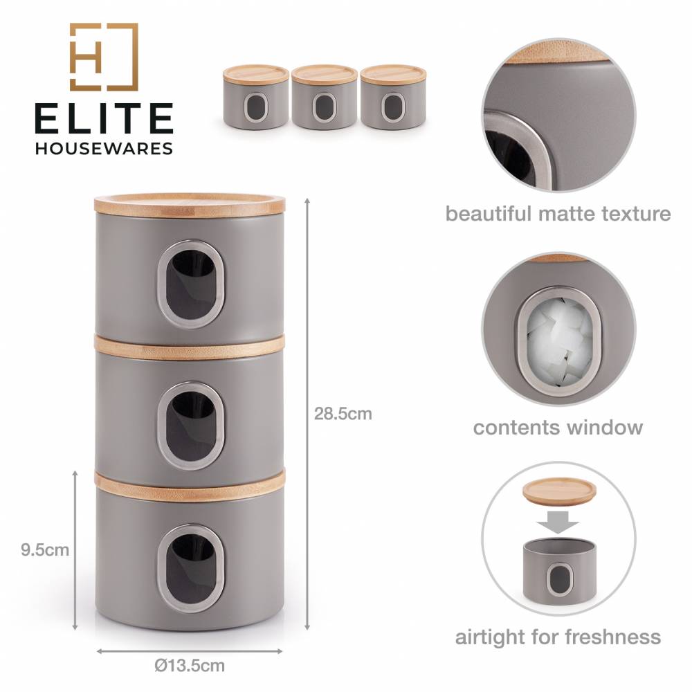 EHC Set of 3 Airtight Round Stackable Kitchen Storage Jars, Matt Grey