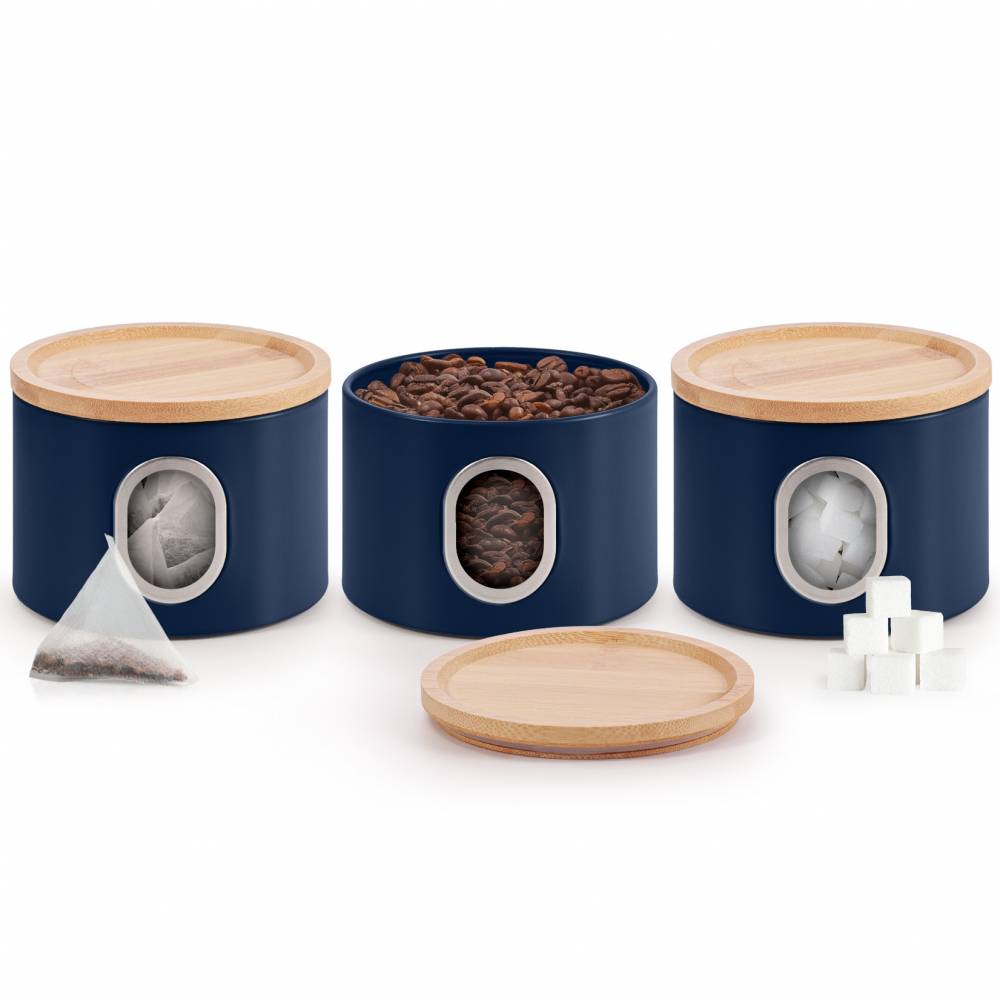 EHC Set of 3 Airtight Round Stackable Kitchen Storage Jars, Navy Blue