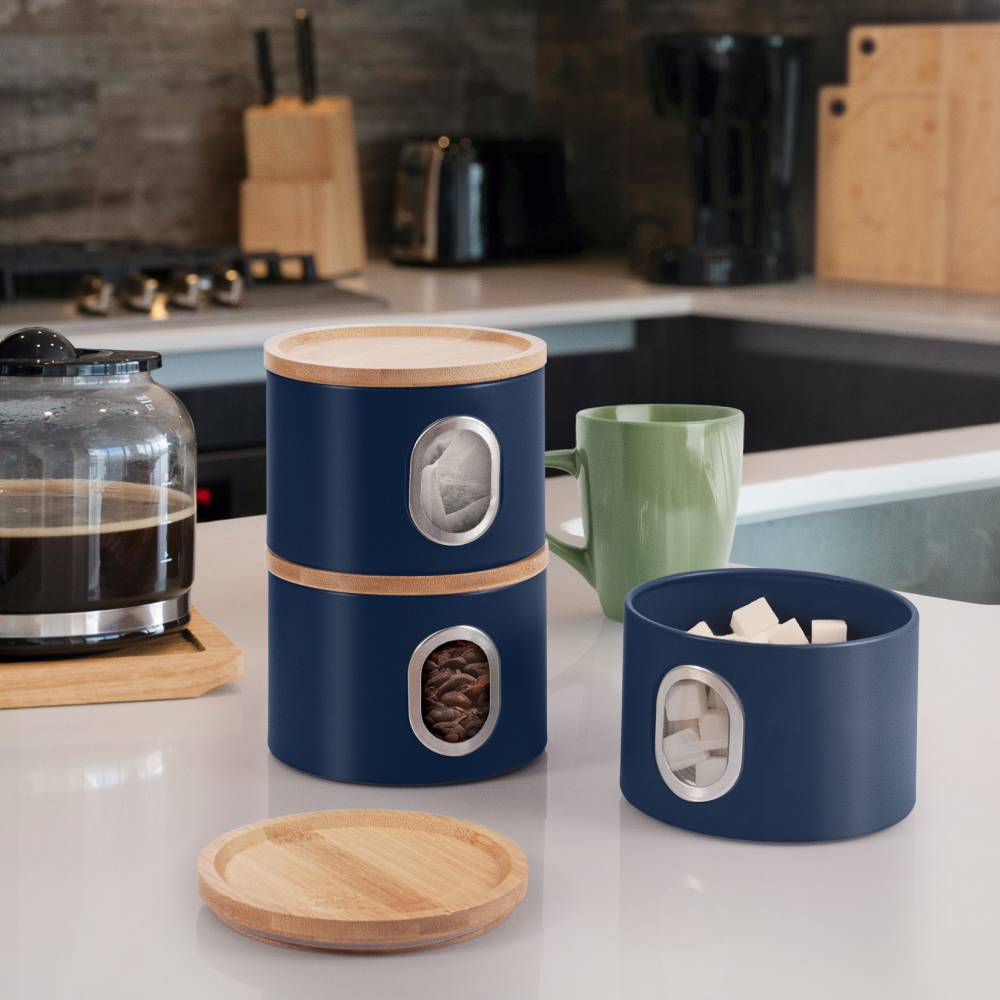 EHC Set of 3 Airtight Round Stackable Kitchen Storage Jars, Navy Blue