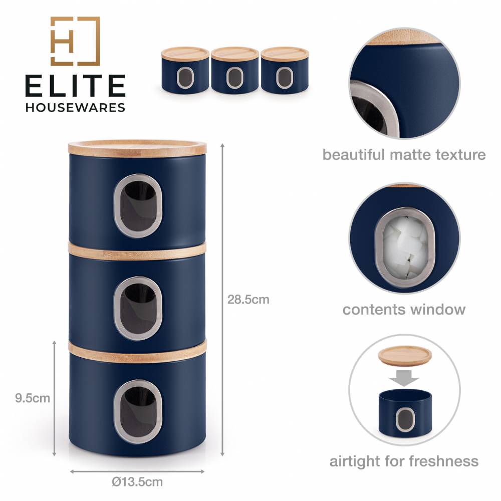 EHC Set of 3 Airtight Round Stackable Kitchen Storage Jars, Navy Blue