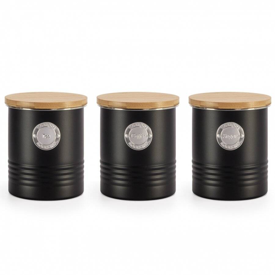 Set of 3 Airtight Tea, Coffee & Sugar Canister Storage Jars, Black, 1L