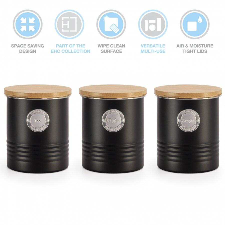 Set of 3 Airtight Tea, Coffee & Sugar Canister Storage Jars, Black, 1L