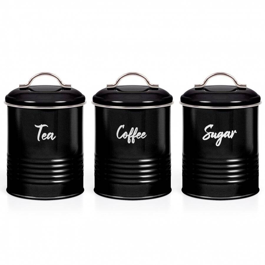 Set of 3 Airtight Round Tea, Sugar & Coffee Storage Jars, Black, 0.9 L