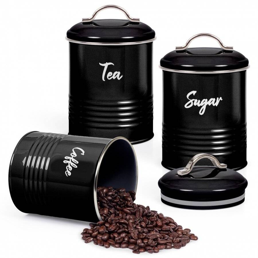 Set of 3 Airtight Round Tea, Sugar & Coffee Storage Jars, Black, 0.9 L