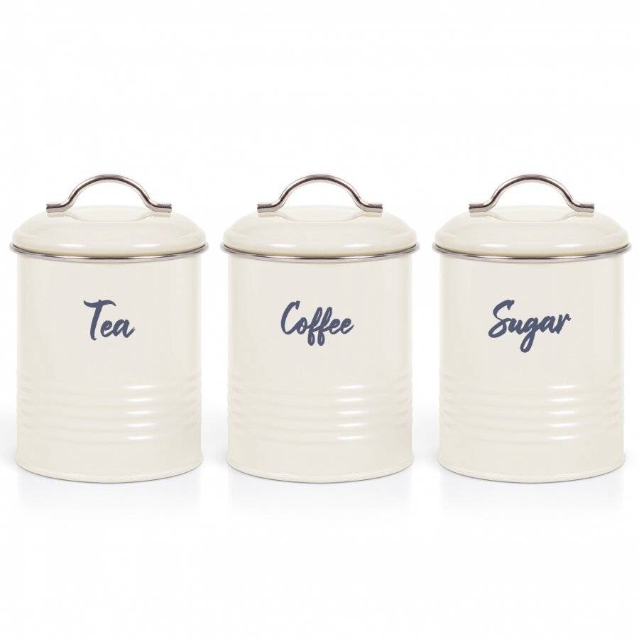 Set of 3 Airtight Round Tea, Sugar & Coffee Storage Jars, Cream, 0.9 L