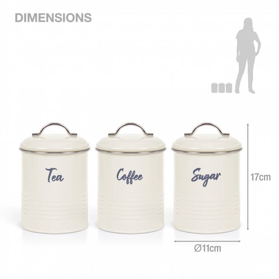 Set of 3 Airtight Round Tea, Sugar & Coffee Storage Jars, Cream, 0.9 L