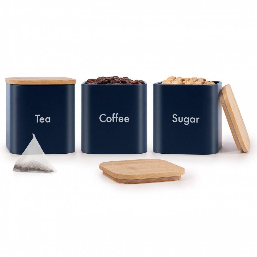 EHC Set of 3 Airtight Tea Sugar Coffee Jars With Bamboo Lid, Navy Blue