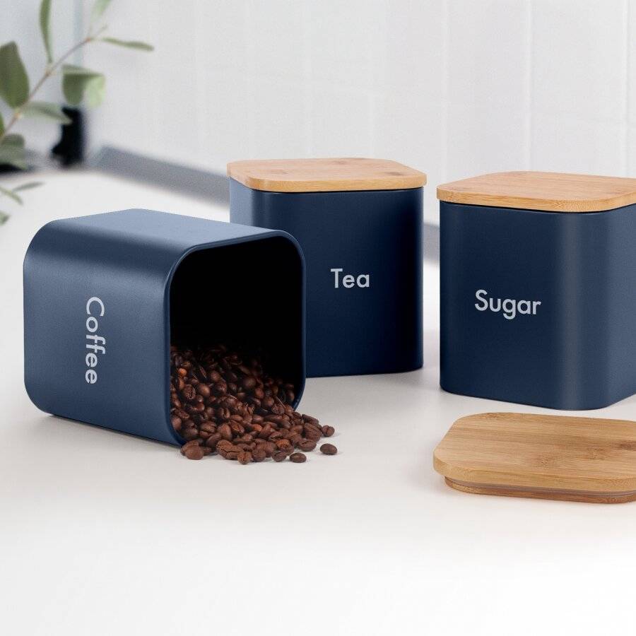 EHC Set of 3 Airtight Tea Sugar Coffee Jars With Bamboo Lid, Navy Blue