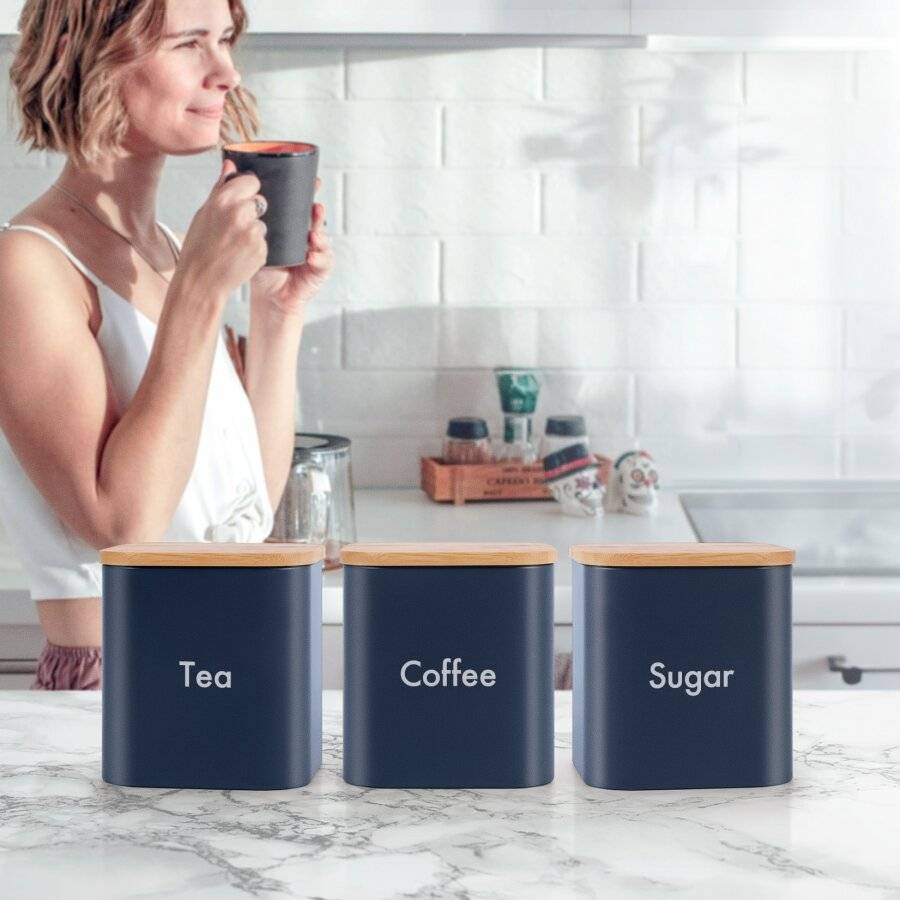 EHC Set of 3 Airtight Tea Sugar Coffee Jars With Bamboo Lid, Navy Blue