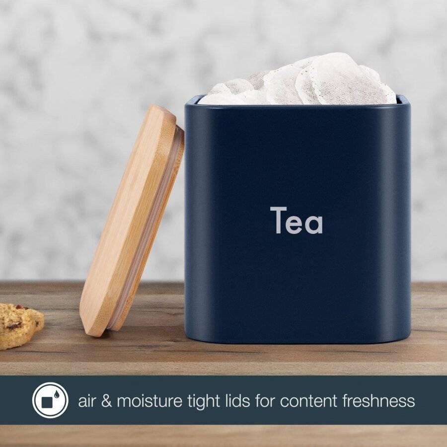EHC Set of 3 Airtight Tea Sugar Coffee Jars With Bamboo Lid, Navy Blue
