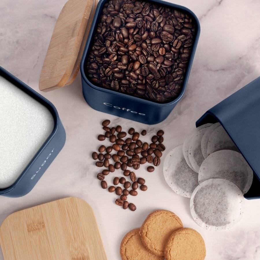 EHC Set of 3 Airtight Tea Sugar Coffee Jars With Bamboo Lid, Navy Blue